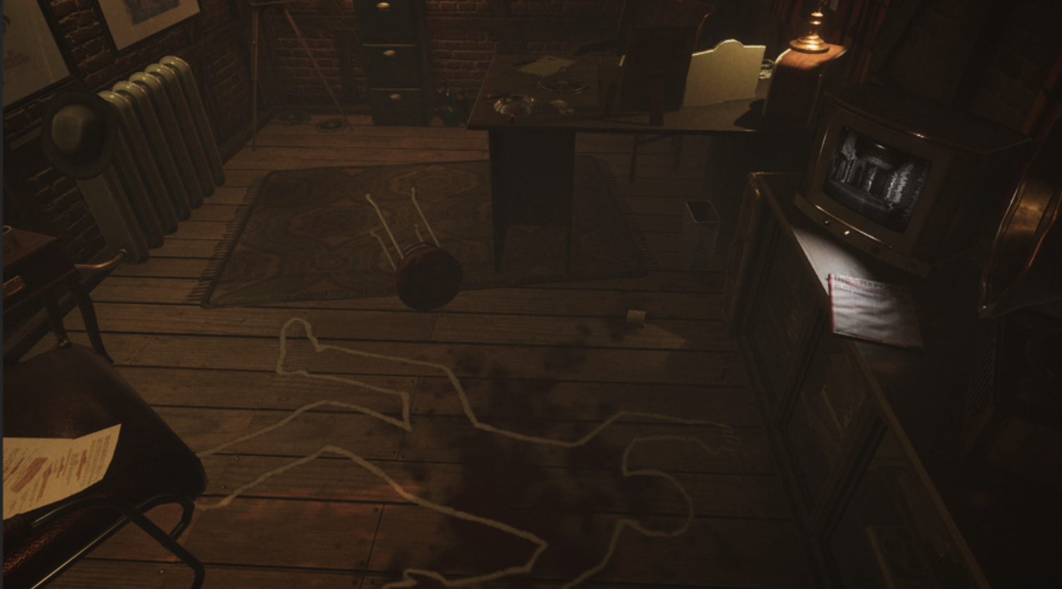 Screenshot der Crime Scene in Unity - zu sehen ist der Umriss einer Person, wie bei einem Tatortfoto, sowie ein Teil des Bürotisches und ein alter Schwarz-Weiß-Fernseher