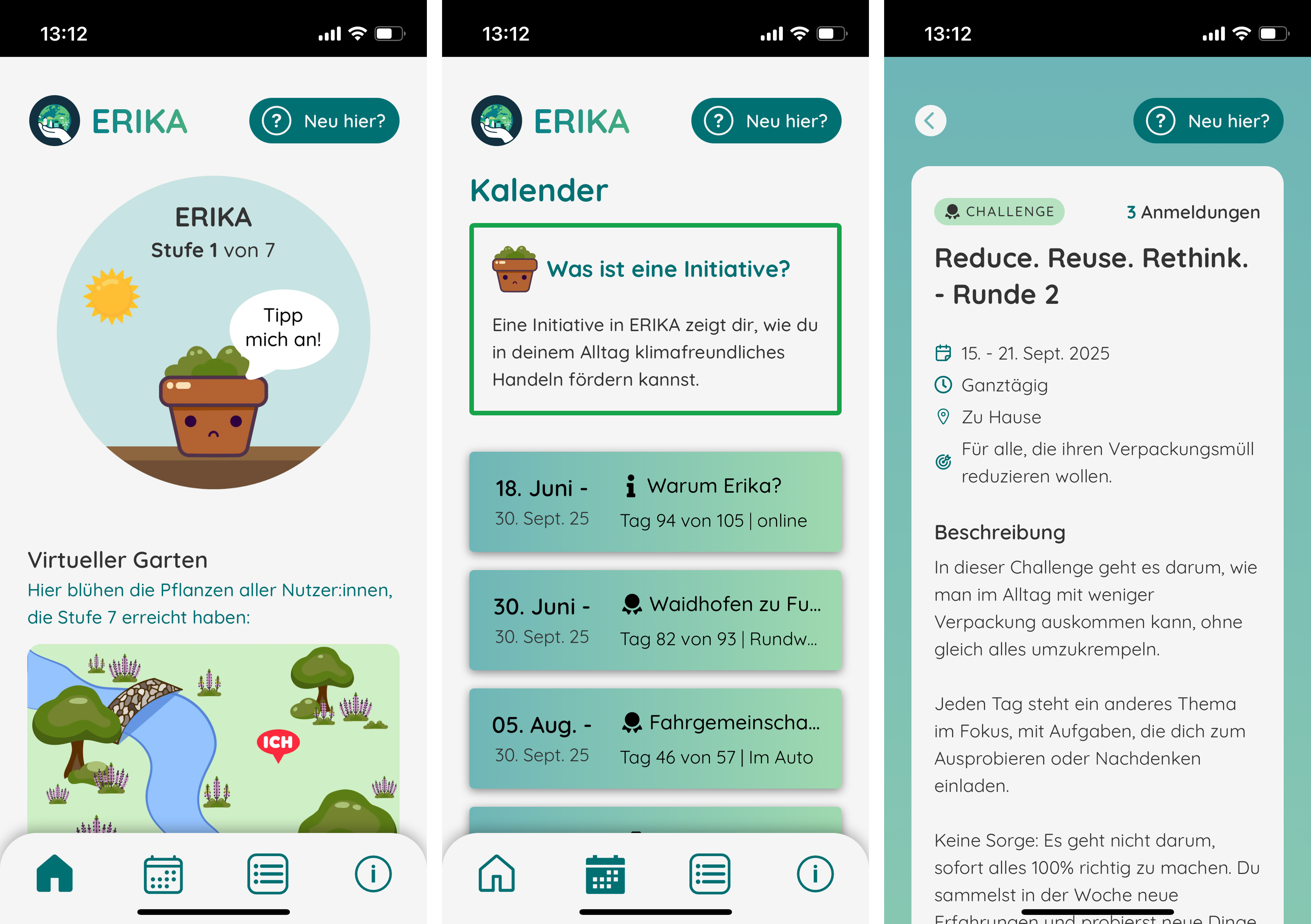 Drei Screenshots der ERIKA App.